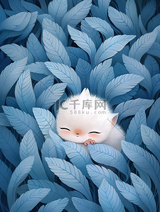 天猫优惠插画图片_白色的猫藏蓝色的羽毛中插画设计