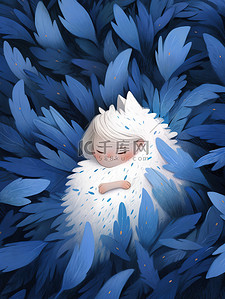 羽毛插画图片_白色的猫藏蓝色的羽毛中矢量插画