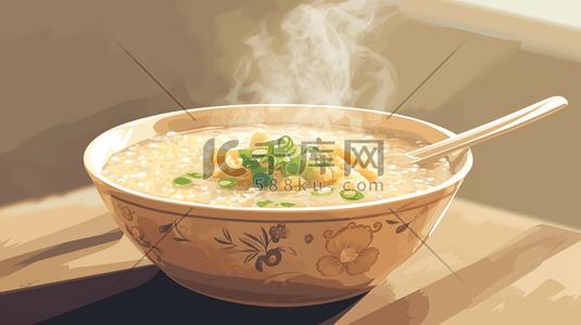 彩色陶瓷碗里热气腾腾的美食的插画1