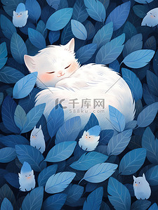 天猫年终盛典插画图片_白色的猫藏蓝色的羽毛中插画图片