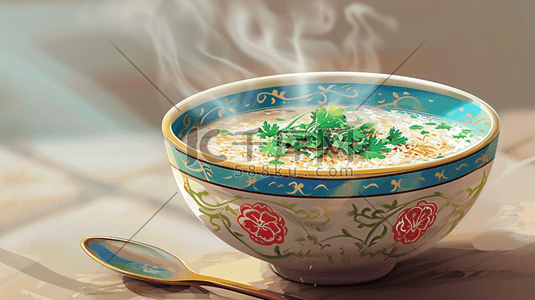 彩色陶瓷碗里热气腾腾的美食的插画3