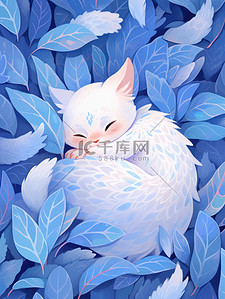 天猫猫头插画图片_白色的猫藏蓝色的羽毛中原创插画