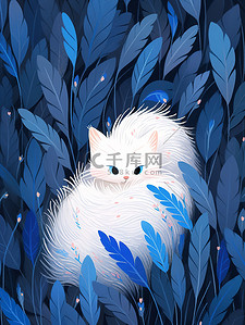 616天猫父亲节插画图片_白色的猫藏蓝色的羽毛中插画素材