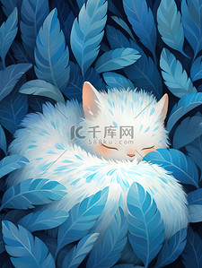 女王天猫插画图片_白色的猫藏蓝色的羽毛中图片