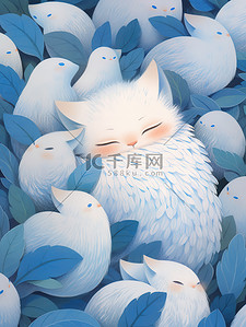 天猫年终好价节插画图片_白色的猫藏蓝色的羽毛中插画图片