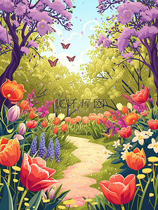 春天的春天插画图片_春天的花园蜿蜒的小路插画设计