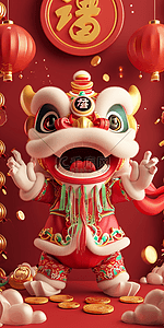 可爱兴奋插画图片_新年狮子喜庆红色海报立体插画