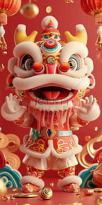 精神兴奋插画图片_狮子喜庆红色立体海报新年插画