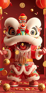 中国传统装饰插画图片_新年海报狮子喜庆红色立体插画