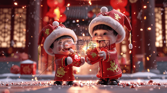 红色中国新年小孩子开心放鞭炮的插画8
