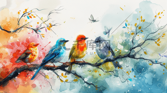 彩色水彩树枝上的鸟插画12