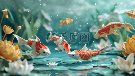 冬季雪景鱼塘里小鱼快活的游动的插画3