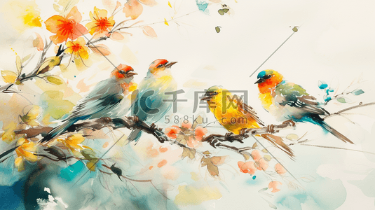 彩色水彩树枝上的鸟插画20