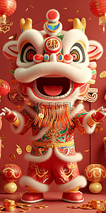 新年喜庆红色狮子立体海报插画