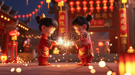 红色鞭炮插画图片_红色中国新年小孩子开心放鞭炮的插画7