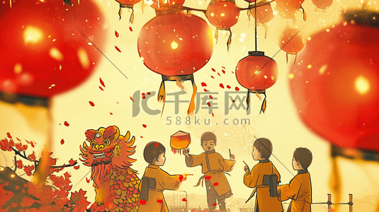 中国小孩插画图片_手绘中国龙年春节小孩子玩舞狮的插画4