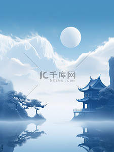 传统建筑插画图片_水中山景传统建筑中国风原创插画