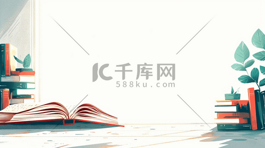 办公办公桌插画图片_简约书本办公室树叶办公桌插画2