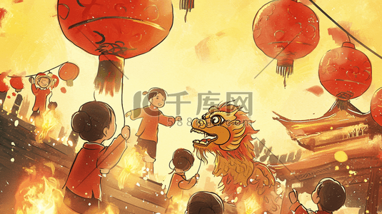 中国小孩插画图片_手绘中国龙年春节小孩子玩舞狮的插画2