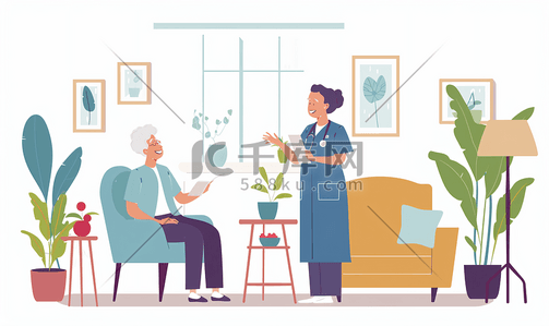 app顶部状态栏插画图片_女护工家里看望记录老人健康状态
