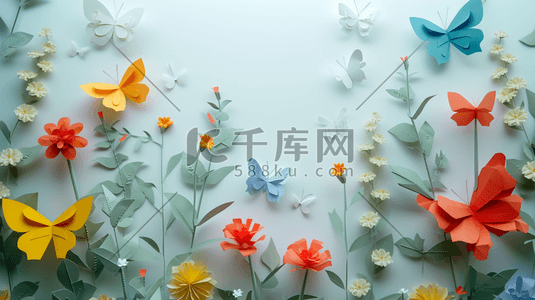 扁平化彩色折纸蝴蝶花朵的插画16