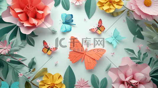 折纸简约插画图片_扁平化彩色折纸蝴蝶花朵的插画13