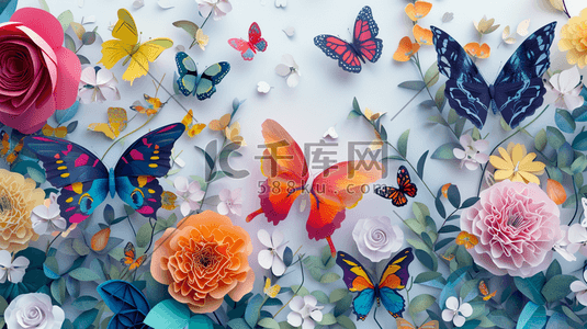 折纸简约插画图片_扁平化彩色折纸蝴蝶花朵的插画7