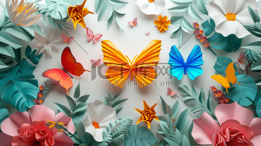 折纸简约插画图片_扁平化彩色折纸蝴蝶花朵的插画9