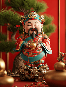 红色开心插画图片_红色中国春节过年财神摆件的插画6