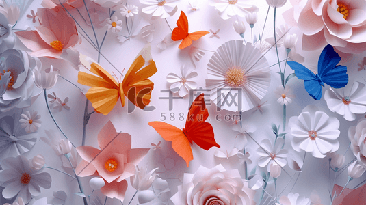 折纸简约插画图片_扁平化彩色折纸蝴蝶花朵的插画5