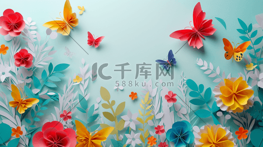 折纸简约插画图片_扁平化彩色折纸蝴蝶花朵的插画6