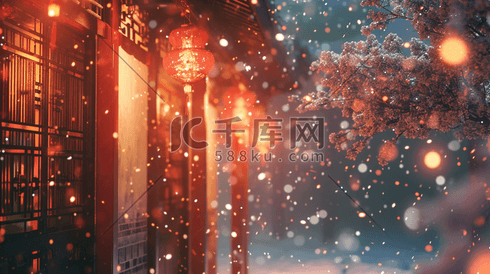 中国古代庭院冬季下雪的场景插画3