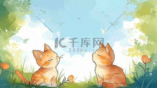 水彩萌宠春天花丛里的两只小猫咪插画设计