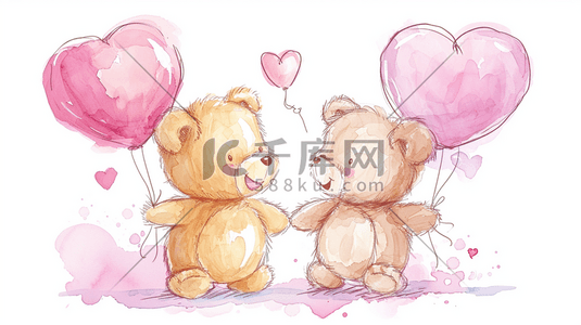 简约唯美手绘两只可爱小熊牵手气球插画15