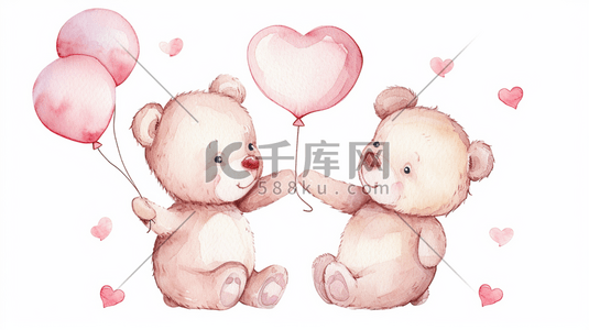 简约唯美手绘两只可爱小熊牵手气球插画20