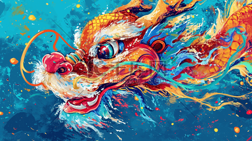 蓝色场景手绘水彩中国龙年原创的插画11