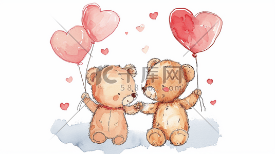 可爱小熊插画图片_简约唯美手绘两只可爱小熊牵手气球的插画1