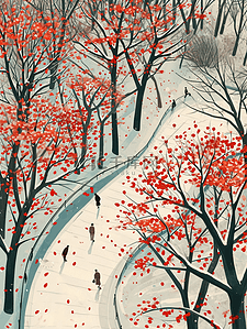 公园里漫天红树木风景的插画78