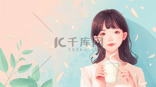 咖啡插画图片_喝奶茶咖啡的女性插画4