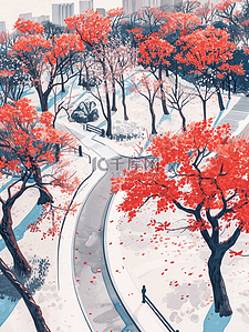 公园里漫天红树木风景的插画3