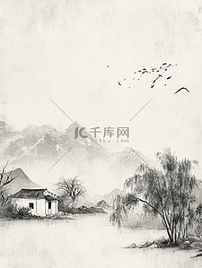 黑白简约插画图片_国画艺术黑白色山水风景插画23