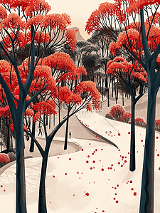 公园里漫天红树木风景的插画21