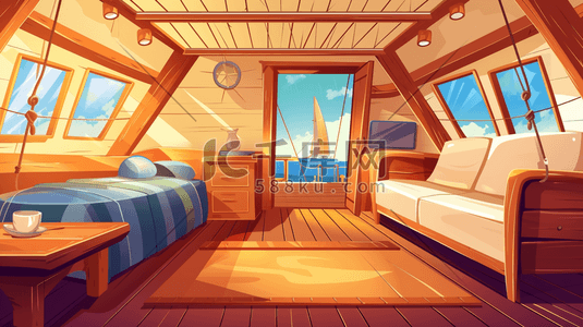 船上的门插画图片_原木色帆船上卧室插画8