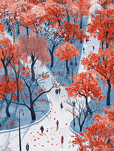 公园里漫天红树木风景的插画5