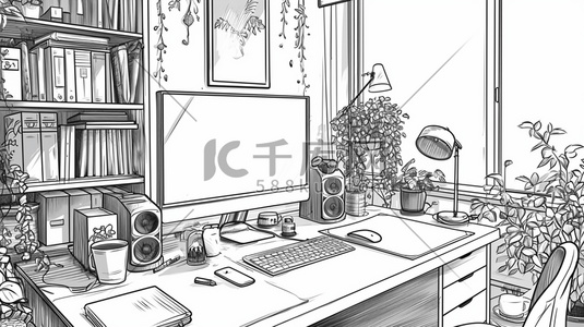 法国素描插画图片_黑白色素描简约书房书桌电脑用品插画11