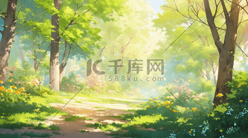 春天户外阳光明媚森林里风景的插画7
