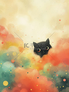 藏在彩云中的小黑猫插画图片