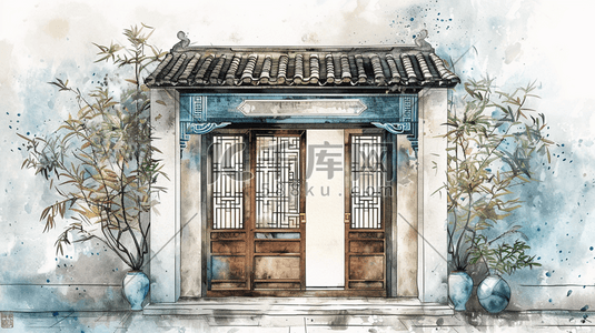 墙面插画图片_中式手绘国风庭院建筑灯笼的插画6