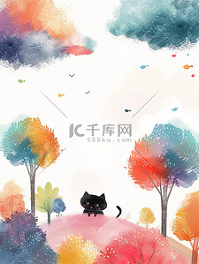 藏在彩云中的小黑猫原创插画