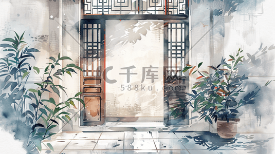 中式手绘国风庭院建筑灯笼的插画12